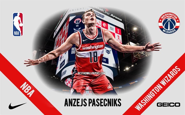 Anzejs Pasecniks, Washington Wizards, Latvian Basketball Player, NBA, portrait, USA, basketball, Capital One Arena, Washington Wizards logo