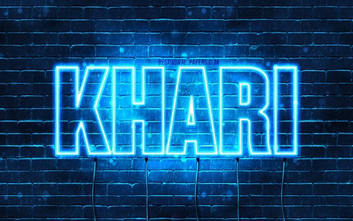 Khari, 4k, tapeter med namn, &#246;vergripande text, Khari namn, Grattis P&#229; F&#246;delsedagen Khari, bl&#229;tt neonljus, bild med Khari namn