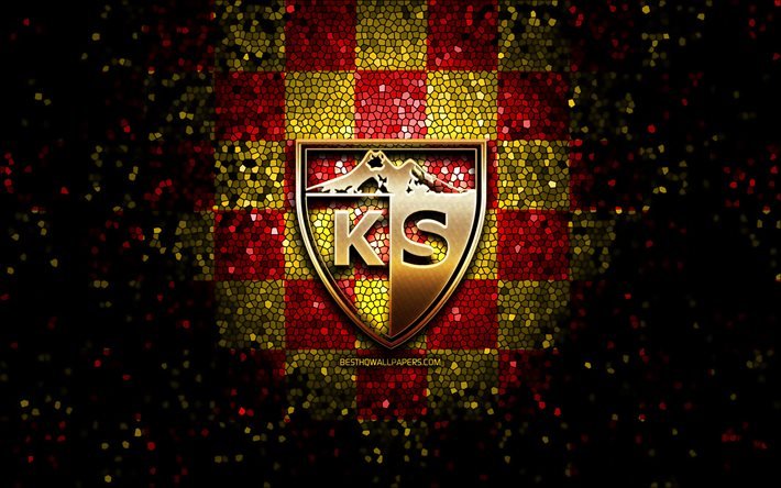 Kayserispor FC, glitter, logo, Super League turca, rosso, giallo sfondo a scacchi, il calcio, il Kayserispor SK, squadra di calcio turco, Kayserispor logo, mosaico di arte, di calcio, Turchia