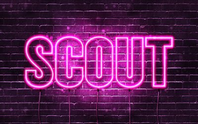 Scout, 4k, wallpapers with names, female names, Scout name, purple neon lights, Happy Birthday Scout, picture with Scout name