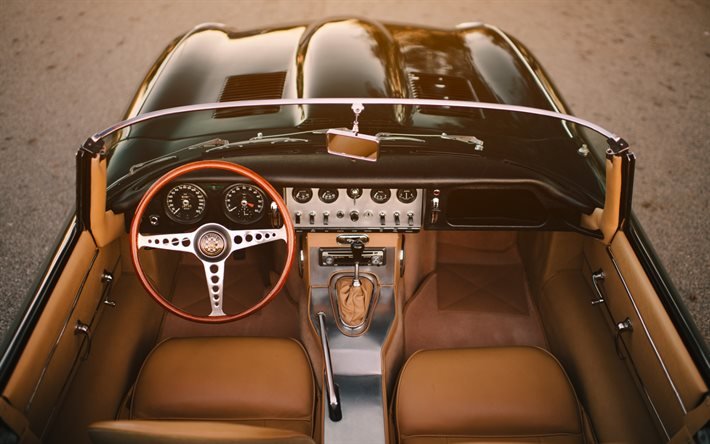 Jaguar E-Type, 1961, sis&#228;ll&#228; n&#228;kym&#228;, sisustus, retro autot, E-Tyyppi sisustus, avoauto, british retro autoja, Jaguar