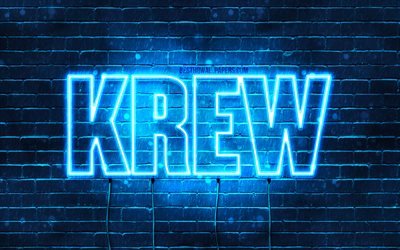 Krew, 4k, les papiers peints avec les noms, le texte horizontal, Krew nom, Joyeux Anniversaire Krew, bleu n&#233;on, une photo avec le nom Krew