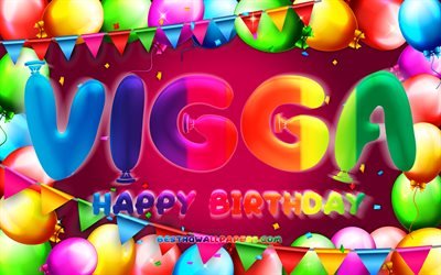 お誕生日おめでVigga, 4k, カラフルバルーンフレーム, Vigga名, 紫色の背景, Viggaお誕生日おめで, Vigga誕生日, 人気デンマークの女性の名前, 誕生日プ, Vigga