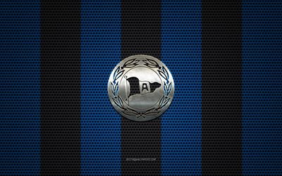 Arminia Bielefeld logo, German football club, metal emblem, blue black metal mesh background, Arminia Bielefeld, 2 Bundesliga, Bielefeld, Germany, football, DSC Arminia Bielefeld