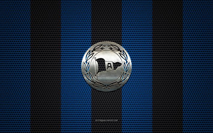 Arminia Bielefeld logo, club de football allemand, embl&#232;me m&#233;tallique, bleu noir de maille en m&#233;tal d&#39;arri&#232;re-plan, Arminia Bielefeld, 2 Bundesliga, Bielefeld, en Allemagne, le football, le DSC Arminia Bielefeld