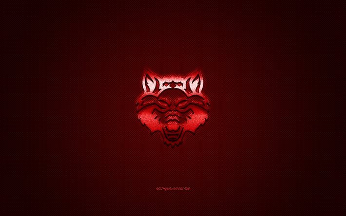 Arkansas State Red Wolves logo, American football club, NCAA, red logo, red carbon fiber background, American football, Jonesboro, Arkansas, USA, Arkansas State Red Wolves