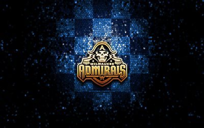 Milwaukee Admirals, glitter logo, AHL, blue checkered background, USA, american hockey team, Milwaukee Admirals logo, mosaic art, hockey, America