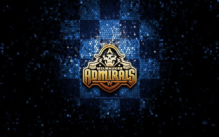 Milwaukee Admirals, glitter, logo, AHL, blu a scacchi, sfondo, stati UNITI, americano, squadra di hockey, Milwaukee Admirals logo, mosaico, arte, hockey, America