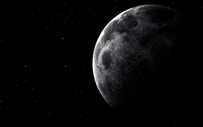 4k, la luna, il cielo nero, galaxy, sci-fi, la luna dallo spazio, lo sfondo con la luna