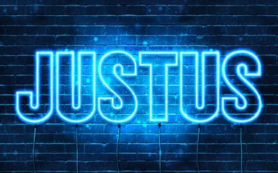 Justus, 4k, wallpapers with names, horizontal text, Justus name, Happy Birthday Justus, blue neon lights, picture with Justus name