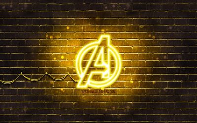 Avengers yellow logo, 4k, yellow brickwall, Avengers logo, superheroes, Avengers neon logo, Avengers
