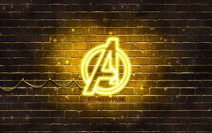 Avengers yellow logo, 4k, yellow brickwall, Avengers logo, superheroes, Avengers neon logo, Avengers