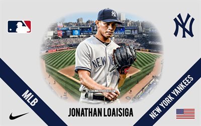 Jonathan Loaisiga, New York Yankees, American Baseball Player, MLB, portrait, USA, baseball, Yankee Stadium, New York Yankees logo, Major League Baseball