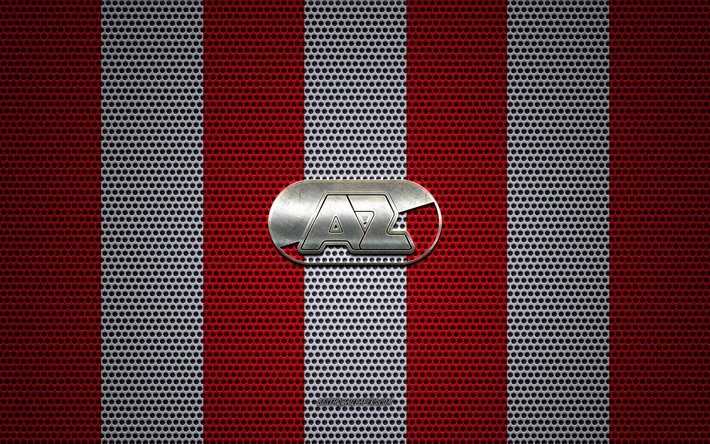 AZ Alkmaar logo, Dutch football club, metal emblem, red-white metal mesh background, AZ Alkmaar, Eredivisie, Alkmaar, Netherlands, football