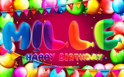Buon Compleanno Mille, 4k, palloncino colorato telaio, Mille, un nome, sfondo viola, Mille auguri e Mille di Compleanno, popolare danese nomi di donna, Compleanno, concetto