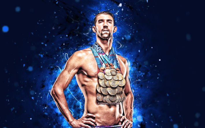 Michael Phelps, 4k, american swimmer, olympic champion, blue neon lights, Michael Fred Phelps II, creative, Michael Phelps with medals, artwork, Michael Phelps 4K