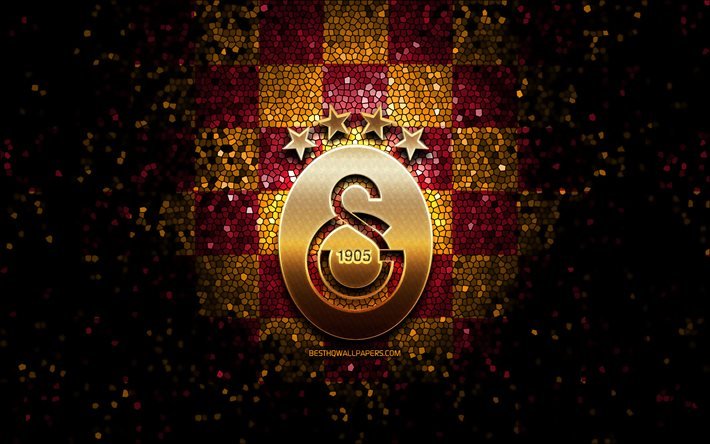Galatasaray FC, glitter, logo, Super League turca, viola, giallo, sfondo a scacchi, calcio, Galatasaray SK, squadra di calcio turco, il Galatasaray logo, mosaico di arte, di calcio, Turchia