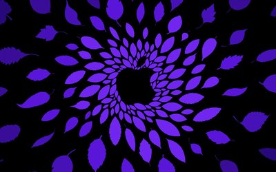 apple-logo, violette bl&#228;tter, schwarzer hintergrund, kreativ, apple