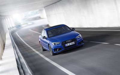 Audi A4改装, 4k, 2019両, 道路, motion blur, Audi A4セダン, ドイツ車, 青A4, Audi