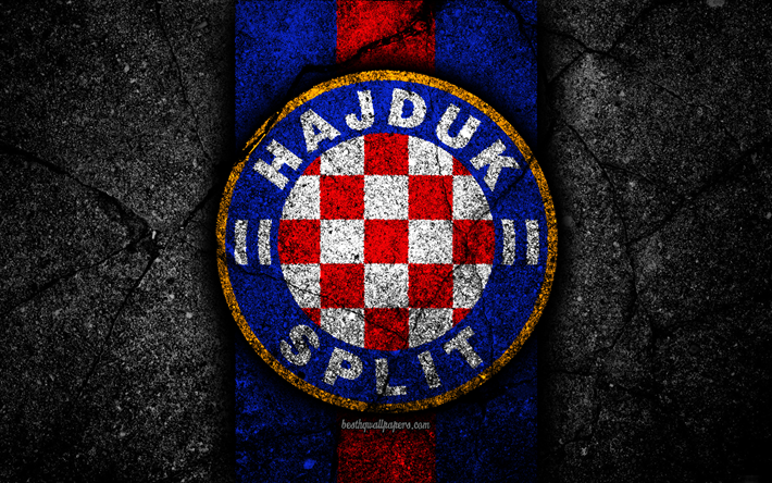 4k, Hajduk Split FC, logo, HNL, black stone, soccer, Croatia, Hajduk Split, football, asphalt texture, football club, FC Hajduk Split