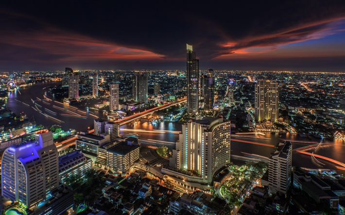 Thaimaa, Bangkok, y&#246; kaupunkikuvaan, moderneja rakennuksia, pilvenpiirt&#228;ji&#228;, kaupungin valot, metropoli