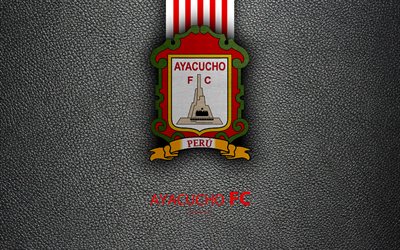 ayacucho fc, 4k, logo, leder textur, peruanischen fu&#223;ball-club, emblem, rot mit wei&#223;en linien, peruanischen primera division, ayacucho, peru, fu&#223;ball