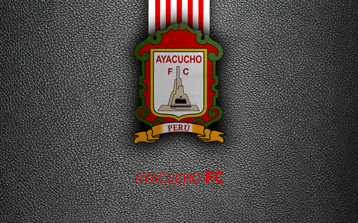 Ayacucho FC, 4k, logo, leather texture, Peruvian football club, emblem, red white lines, Peruvian Primera Division, Ayacucho, Peru, football