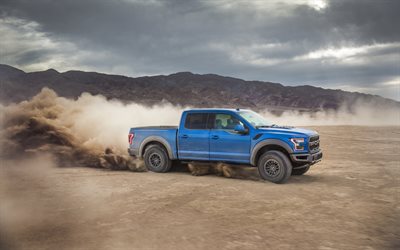 4k, Ford F-150 Raptor, dust, 2019 cars, offroad, blue F-150 Raptor, desert, Ford