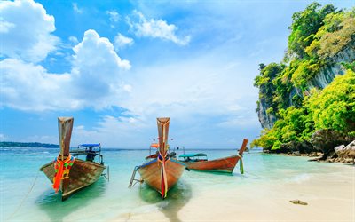 tropical islands, Thailand, Phuket, boats, beach, ocean, summer travel, rainforest