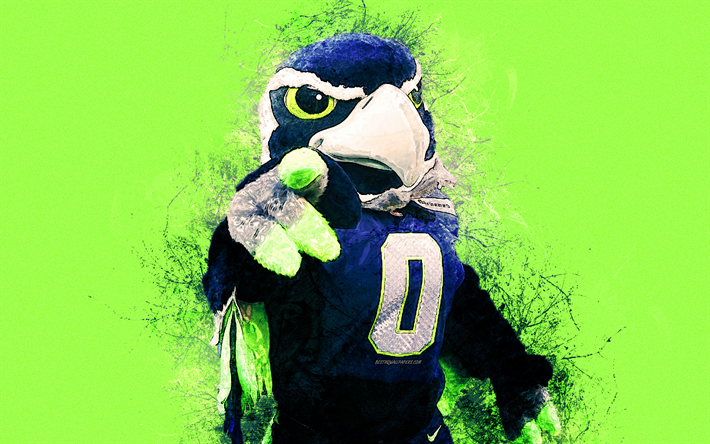 Blitz, mascote oficial, Seattle Seahawks, 4k, arte, NFL, EUA, grunge arte, s&#237;mbolo, fundo azul, a arte de pintura, A Liga Nacional De Futebol, NFL de animais de estima&#231;&#227;o, Seattle Seahawks mascote