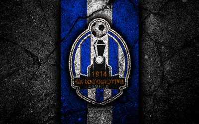 4k, Lokomotiva Zagreb FC, logo, HNL, black stone, soccer, Croatia, Lokomotiva Zagreb, football, asphalt texture, football club, FC Lokomotiva Zagreb