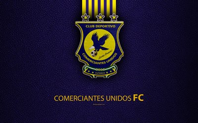 CD Comerciantes Unidos, 4k, logo, leather texture, Peruvian football club, emblem, yellow purple lines, Peruvian Primera Division, Cajamarca, Peru, football