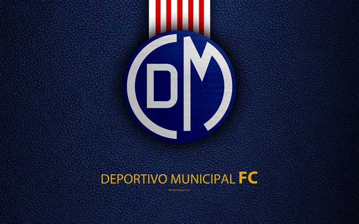 Deportivo Municipal FC, 4k, un logo, un cuir &#224; la texture, P&#233;ruviens, club de football, l&#39;embl&#232;me, le rouge des lignes blanches, des P&#233;ruviens Primera Division, Lima, P&#233;rou, le football, le Club de Centro Deportivo Municipal