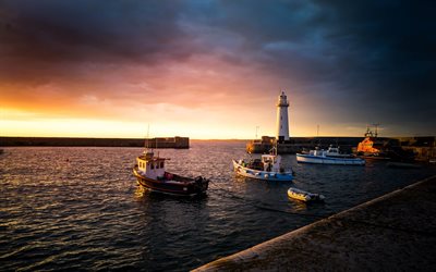 Donaghadee, bay, sunset, Ards, lighthouse, evening, embankment, sea, Northern Ireland, United Kingdom