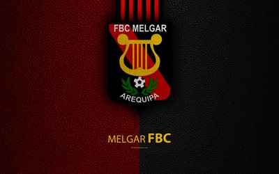 FBC Melgar, 4k, logo, deri dokusu, Peru Futbol Kul&#252;b&#252; amblemi, siyah ve kırmızı &#231;izgiler, Peru, Lig, Arequipa, futbol
