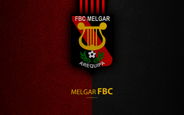 FBC Melgar, 4k, logo, leather texture, Peruvian football club, emblem, black and red lines, Peruvian Primera Division, Arequipa, Peru, football