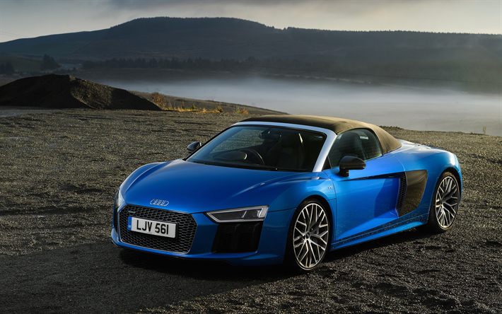 Audi R8 V10 Spyder, 4k, offroad, 2020 coches, supercars, azul R8, Audi