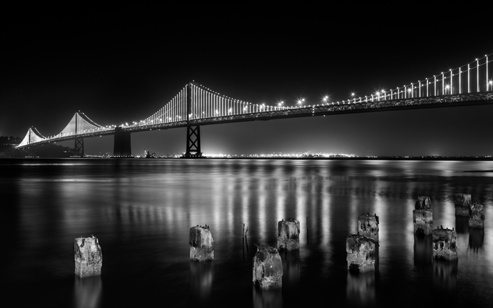 4k, Puente Golden Gate, monocromo, paisaje nocturno, San Francisco, California, estados UNIDOS, Am&#233;rica