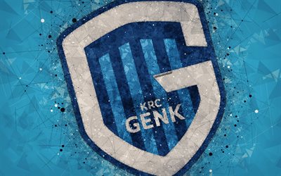 KRC Genk, 4k, geometric art, logo, Belgian football club, blue abstract background, Jupiler Pro League, Genk, Belgium, football, Belgian First Division A, creative art, Genk FC