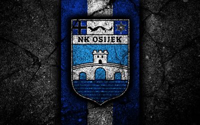 4k, Osijek FC, logo, HNL, black stone, soccer, Croatia, Osijek, football, asphalt texture, football club, FC Osijek