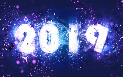 2019 o ano, 4k, azul-roxo d&#237;gitos, a arte abstrata, 2019 conceitos, fundo azul, criativo, Feliz Ano Novo 2019, luzes de neon