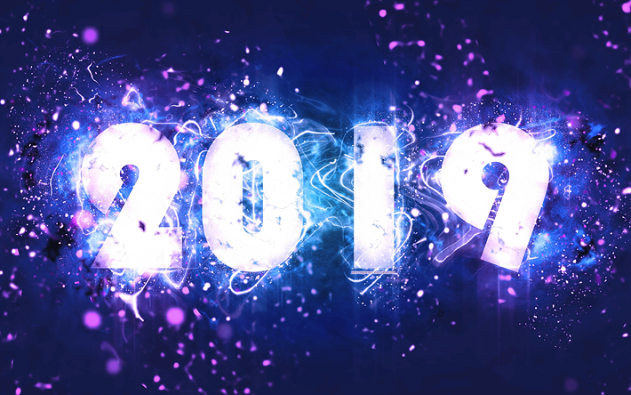 2019 anno, 4k, blu-viola cifre, arte astratta, 2019 concetti, sfondo blu, creativo, Felice Nuovo Anno 2019, luci al neon