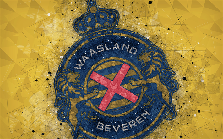 Waasland-بيفيرين FC, 4k, الهندسية الفنية, شعار, البلجيكي لكرة القدم, الأصفر خلفية مجردة, البلجيكي دوري المحترفين, بيفيرين, بلجيكا, كرة القدم, البلجيكي الدرجة الأولى A, الفنون الإبداعية, KVRS Waasland