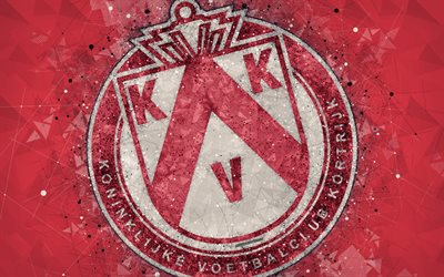 KV Kortrijk, 4k, geometric art, logo, Belgian football club, red abstract background, Jupiler Pro League, Kortrijk, Belgium, football, Belgian First Division A, creative art