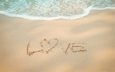parola amore nella sabbia, spiaggia, oceano, onde, mare, amore, estate, viaggi