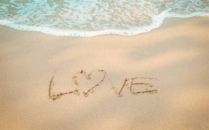 wort liebe in den sand, strand, meer, wellen, meeresbrise, liebe, sommer-reise, sommer