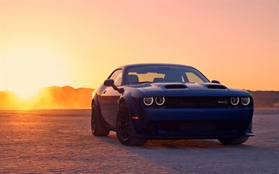 Dodge Challenger SRT Hellcat, puesta de sol, 2018 coches, desierto, supercars, azul Challenger, Dodge