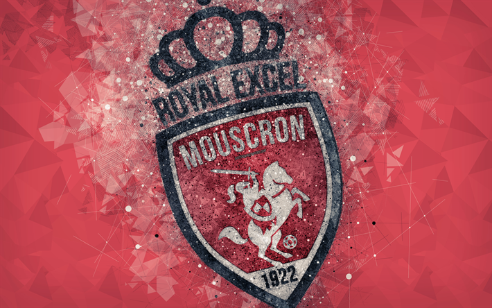 Royal Excel Mouscron, 4k, geometric art, logo, Belgian football club, red abstract background, Jupiler Pro League, Mouscron, Belgium, football, Belgian First Division A, creative art, Mouscron FC