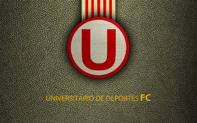 Clube Universit&#225;rio de Esportes, 4k, logo, textura de couro, Peruana de futebol do clube, emblema, vermelho-marrom linhas, Peruano Primera Divis&#227;o, Lima, Peru, futebol