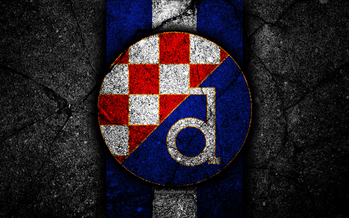 4k, la Dinamo Zagabria FC, logo, HNL, pietra nera, il calcio, la Croazia, la Dinamo Zagabria, calcio, asfalto, trama, club di calcio, FC Dinamo Zagabria